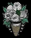 Placeholder: line sketch of ice cream half colored and half in black and white with flowers , dark green background