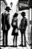 Placeholder: Design a detective book cover for teenagers. Three teenage detectives in the centre, one boy on her left, the girl in the centre and one on her right are on the town street. Black cat. Banksy style, modern comic book style, mysterious atmosphere,