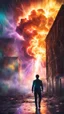 Placeholder: Young man walking towards a building that is exploding at night, with coloured auras and lightning around him