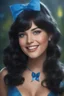 Placeholder: full color, full body portrait, smiling 18-year-old Betty Rubble with (((Black Hair))), (((blue eyes))), (((Blue ribbon in her hair))), 32k, UHD, Professional Photo -- Botany - Starry - Retro Pop - Dark Fantasy - Horror - Festive - Realistic - 32k, UHD, professional quality, 8 x 10 digital photograph