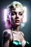 Placeholder: Ultra Realistic image, portrait, blonde woman, sweet Marylin Monroe face, perfect iris, glow eyes, glow makeup. Cyborg, Cyberpunk style, oversized transparent latex coat, yakuza tattoos body. fog, rain, soft color, highly detailed, unreal engine 5, ray tracing, RTX, lumen lighting, ultra detail, volumetric lighting, 3d, finely drawn, high definition, high resolution.