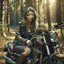 Placeholder: Very attractive woman sitting on a motorcycle. The bike is Yamaha. In the background is a forest. Realistic details. Photorealistic. 4K.