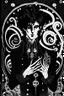 Placeholder: black haired young man necromancer wizard with gothic jewelry and tentacle fingers in the style of Aubrey Beardsley