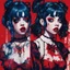 Placeholder: Poster in two gradually, a one side malevolent goth vampire girl face and other side the Singer Melanie Martinez face, full body, painting by Yoji Shinkawa, darkblue and red tones,