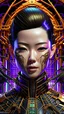 Placeholder: A cinematic medium shot of a pale-skinned Korean woman with a striking, futuristic portrait. She has traditional Japanese elements, with an intricate hairstyle that features purple hair tied back with black lines and rods, creating a complex structure around her head. She has minimalistic yet striking makeup with geometric lines on her face, emphasizing her cyborg or android nature. Her metallic orange lips add a vibrant touch. The monochromatic color palette of cream and black exudes a cold, di