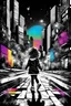 Placeholder: Mixed media picture, the background is black and white line art cityscape. In the middle a colorful photo of a little girl playing in the street, the girl is wearing colorful clothes, her hair is black. enhancing the contrast between her and the black and white cityscape, illustration, cinematic, sharp lights