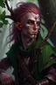 Placeholder: Middle aged wood elf, rogue assassin, dark copper skin, bright green eyes, messy mauve hair, sneaky, trees, stoner, long bow, black leather straps, disheveled, smoking weed