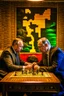 Placeholder: Vladimir Poutine playing chess with Zelinynski. A map of ukraine is burning on a wall