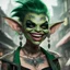 Placeholder: The image shows a female goblin with a mischievous grin, her sharp teeth peeking out as she takes a drag from a joint. Her emerald green skin is adorned with intricate tattoos and piercings, adding to her rebellious and edgy appearance. She wears a mix of tattered and modern clothing, combining elements of fantasy and urban street style. The goblin's gaze is intense and alluring, hinting at a complex personality that defies traditional expectations. In the background, a faint haze of smoke envel