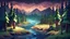 Placeholder: summer night, fir forest,river crosses a valley,low poly