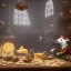 Placeholder: A Plague Doctor (AND) a Mouse having a port & cheese party while mushrooms grow beside them by Pixar and Dreamworks