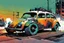 Placeholder: create an abstract, stripped down, post apocalyptic Volkwagen beetle rat rod with highly detailed features, lost in a horrific industrial wasteland, in the comic book art style of Bill Sienkiewicz, Mike Mignola, and Jean Giraud Moebius , searing lines , forceful strokes, precisely drawn, inked, and colored