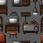 Placeholder: Sprite sheet, furniture, table, chair, television, lamp, toaster, icons, survival game, gray background, comic book,