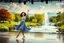 Placeholder: very beautiful lady with makeup curvy hair pretty jeweled lace gray blue dress high heels, full body dancing gracefully in a modern open stage with dynamic turnning lights in a heaven like country side with dreaming trees and a pretty fountain in river flowers mountains in distance,birds,river with water falls