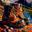 Placeholder: brown moutain shoes , art, oil colors, bright,