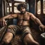 Placeholder: photography of a burly ugly beefy arab farmer 36 years old man sitting in the train, relaxing, shirtless, manly chest, hairy allover, in boxer, bulge, tattoo, broken teeth, serious, short beard, curly hairs , view from below, photorealistic, side lights, Ground-Shot Angle