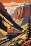 Placeholder: Create an acrylic-painted 1950s travel poster of a passenger train traveling through a mountain pass in the Rocky Mountains in the evening. Capture the sleek, classic design of the 1950s passenger train, its polished metal and vibrant colors reflecting the warm, golden hues of the setting sun. The train should be depicted winding gracefully through the rugged terrain, emphasizing its elegance and the excitement of mid-century rail travel. The surrounding Rocky Mountains should be portrayed with