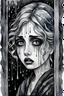 Placeholder: watercolor picture of a sad crying woman behind a window, pale skin, big dark eyes, silver tears, surreal chibi mood , swirling dark background, paint, black ink, watercolor , tears, pain, black, silver, grey colors , dark colors, wet on wet, dark shadows, surreal style, highly detailed, dramatic atmosphere, dark grey swirling background, high textures, around in background big tears, Dark and Moody Watercolor Art , Masterpiece, graffiti art, splash art, street art, spray paint