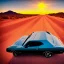 Placeholder: muscle car, desert road, sunset, full colour,