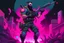 Placeholder: a muscular bearded man holds a weapon and is wearing modern armor on his body, as well as military pants and boots. He shoots at monsters in the alley. The sky is pink. A little neon, dark atmosphere. 90s game cover style