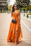 Placeholder: very beautiful ukrain lady wearing orange pretty maxi flared dress with hair silver crown ,standing idle pose