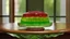 Placeholder: photorealistic beautiful layered JELL-O 1950's in crystal dish sitting on an a polished oak table by window. Walls are pistachio green color.