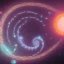 Placeholder: deep dark Black etherical sun with Galactic serpent spiral, Elemental God of power horoscope, Great Huge Violet fluorescent gate surrounding earth, wavering reflective pools of purple bright stars spiraling small comets in space,