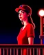 Placeholder: woman with a red baseball hat. leaning on a wooden balcony. night time. fantasy. cartoon. studio lightining.