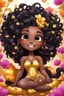 Placeholder: A sassy thick-lined airbrushed cartoon black chibi girl lounging lazily on her side, surrounded by flower petals. She has a golden lion tail curling playfully behind her curvy body. Looking up coyly, she grins widely, showing sharp lion teeth. Her poofy hair forms a mane framing her confident, regal expression.