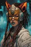 Placeholder: front facing portrait illustration of a grunge armored female , beaded dreadlock hair, cyberpunk vampire mercenary wearing an ancient ornate japanese kitsune mask , and shemagh, highly detailed with gritty post apocalyptic textures, caught in a cosmic maelstrom of swirling gases , finely detailed facial features and hair, in the graphic novel style of Bill Sienkiewicz, and Jean Giraud Moebius, ink wash and watercolor with realistic light and shadow