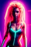 Placeholder: Cyber Shakira, artist, 30 years old, Realistic image, waist up portrait, latex style dress. Blonde, loose long hair, eyes make up, perfect, glow, circle iris. Neon colors, leds, geometric shapes. Dark background, photo studio, neon lights. Cyberpunk, concept art, smooth, unreal engine 5, god lights, ray tracing, RTX, lumen lighting, ultra detail, volumetric lighting, 3d, finely drawn, high definition, 4k.