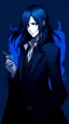 Placeholder: A Demon evil dark Butler long hair, fading into dark smoke blue hair, anime, tall, androgynous