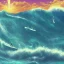 Placeholder: 1980's aesthetic vaporwave surf board on waves with palm trees