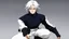 Placeholder: Satoru Gojo is a young tough guy white hair blue eyes black turtleneck without arms white loose pants in a defensive pose