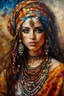 Placeholder: Artistic painting by paintbrush, Portrait of Arabic girl on the desert, in turban and dreadlocks, heavy makeup, loads of jewellery, painted by in style of mosaics of Turner