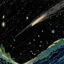 Placeholder: A black outer space with fast shooting stars painted by Katsushika Hokusai