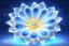 Placeholder: cosmic open flower light blu and white with yellow in the inside. it's glossy and as a crystal. the background is a light sky with stars galaxy and bright
