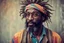 Placeholder: black Hippie man in his 40s with Parisian bohemian look and glasses of colours and poor hair on the head with receding hairline. Farsightedness glasses with big eyes. Long beard. Vintage look and feel like photos of the 70s