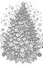 Placeholder: Simple outline drawing of beautifully decorated Cahristmas tree with ornaments, lights, and a shining star on top for coloring book