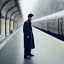 Placeholder: A young Asian man with long hair and a black trench coat waiting for a woman at a train station in Paris