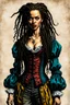 Placeholder: full body colored etching of a malevolent, predatory vampire buccaneer girl with highly detailed dreadlock hair and facial features ,in the style of Rembrandt, Gian Lorenzo Bernini, and Johannes Vermeer, with a fine art aesthetic, highly detailed , realistic , 4k UHD