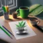 Placeholder: A High resolution photograph with soft lightning, of a a4 size drawing on a table next to two colored pencils. A green plant in a pot in the left top corner, a cup of coffee in the right top corner.