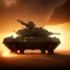 Placeholder: volumetric dramatic Close-up desert Battle scene with futuristic hovering military armored Hovercraft tank painted by chris foss, floating, 4k, 8k, Minutiae, highly detailed, rivets, flag, hovering, stripes, sunset [duststorm, nimbus clouds]