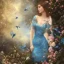 Placeholder: soft bueatiful woman in blue dress, bird