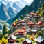 Placeholder: Miniature Himalayan village and a monastery on the top of the mountain with bokeh effect adventure.