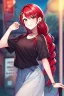 Placeholder: girl, masterpiece, best quality, cinematic lighting, detailed outfit, vibrant colors, perfect eyes, red hair, red eyes, long hair, braided ponytail, hairclip, earrings, smile, casual clothes,