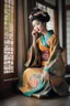 Placeholder: Ultra realistic photo beautiful geisha woman beauty ,one person young adult beautiful woman, sitting, clothing, women adult ,fashion dress, young women, beautiful people, indoors, full length hairstyle , ,smiling ,window looking ,sitting on floor contemplation ,floral pattern , futuristic style, HOF, captured with professional DSLR camera, 64k, ultra detailed,