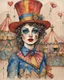 Placeholder: Masterpiece, a delicate ink and watercolor wash rendering on rough handmade paper. A vibrant and imaginative collage unfolds, blending vintage circus charm with surreal whimsy. At its heart stands a glamorous circus performer, wearing a colorful, patterned bodysuit rendered with intricate ink lines and layered washes of sapphire, crimson, and gold. A tall, red top hat crowns her head, sketched with bold strokes and rich scarlet hues. Behind her, a classic circus tent rises, its stripes suggested