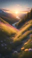 Placeholder: Sunset, hillside full of wildflowers, rich detail, light, light and shadow effects, gradient, vista, river, mountain, forest, sunset, snowy mountain, 8K ultra high resolution Beautiful, High Detail, Wonderful Views, High Quality, High Resolution, High Stereoscopic Visual, Surreal, Crisp Quality