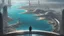 Placeholder: man overlooking a futuristic sci-fi city following the long curve of a sandy bay with futuristic piers stretching out into the water
